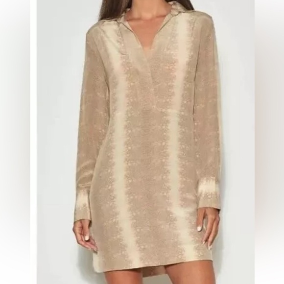 Equipment Elegant Tan Long-Sleeve Snake Print Silk Shirt Dress